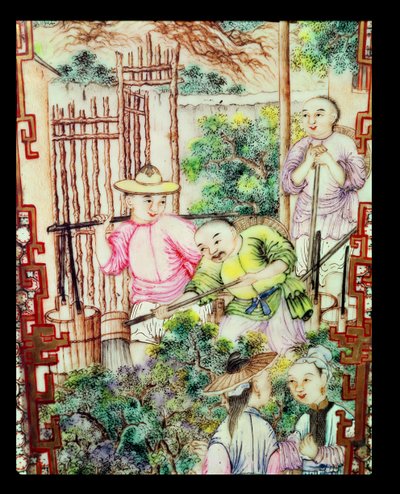 Detail of a vase with men watering tea plants by Ming Dynasty Chinese School